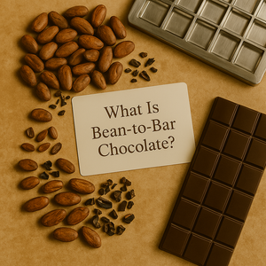 Flat lay of cacao beans, nibs, and chocolate bars surrounding a card that reads 'What Is Bean-to-Bar Chocolate?' on a kraft background, symbolizing the bean-to-bar chocolate-making process.