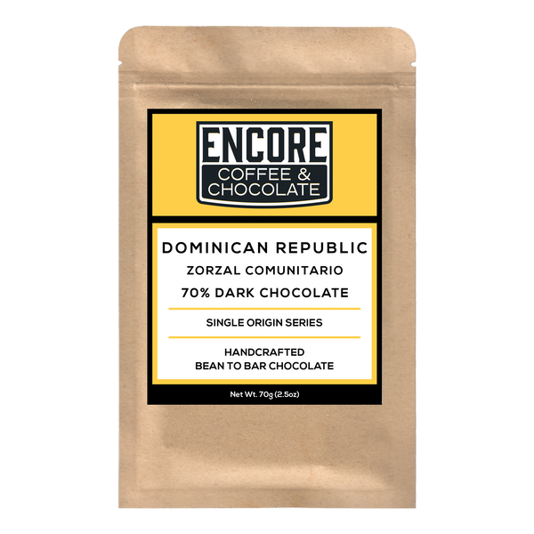 Encore Coffee & Chocolate label for 70% dark chocolate bar made with single origin cacao from Zorzal Comunitario, Dominican Republic.