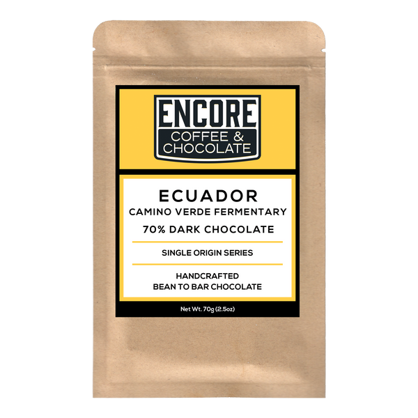 Encore Coffee & Chocolate label for 70% dark chocolate bar made with single origin cacao from Camino Verde Fermentary, Ecuador.