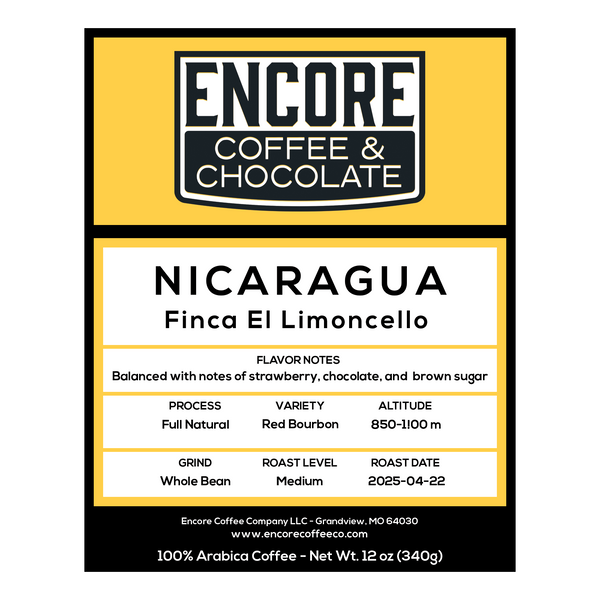 Encore Coffee & Chocolate label for Nicaragua Finca El Limoncello medium roast coffee with flavor notes of strawberry, chocolate, and brown sugar