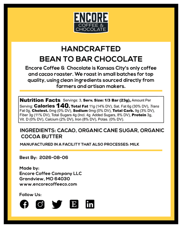 Back of Encore Coffee & Chocolate 85% Dark Madagascar chocolate bar showing ingredients, nutrition facts, and company information.