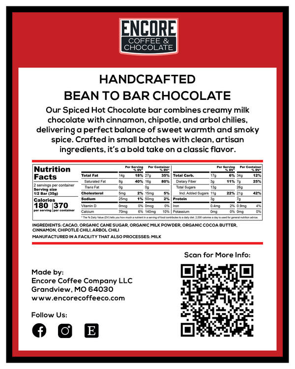Encore Coffee & Chocolate spiced hot chocolate bar back label showing nutrition facts, ingredients, QR code, and manufacturer details.