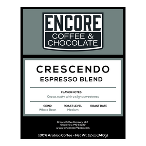 Encore Coffee & Chocolate Crescendo espresso blend label featuring flavor notes of cocoa, nutty with a slight sweetness.