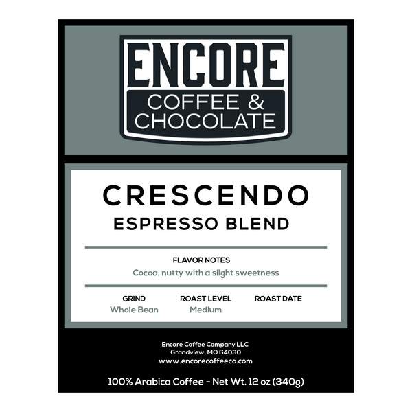 Encore Coffee & Chocolate Crescendo espresso blend label featuring flavor notes of cocoa, nutty with a slight sweetness.