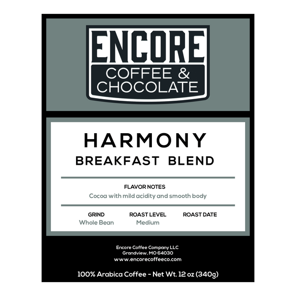 Encore Coffee & Chocolate Harmony breakfast blend label featuring flavor notes of cocoa with mild acidity and smooth body.