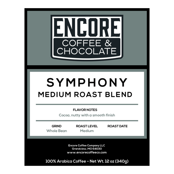 Encore Coffee & Chocolate Symphony medium roast blend label featuring flavor notes of cocoa and nutty with a smooth finish.