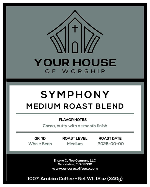 Coffee label for 'Your House of Worship Symphony Medium Roast Blend' with branding and product details.