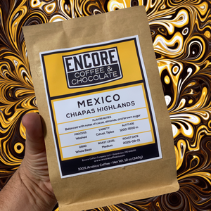 ncore Coffee & Chocolate Mexico Chiapas Highlands coffee bag, medium roast whole bean with notes of cocoa, almonds, and brown sugar, 12oz package.
