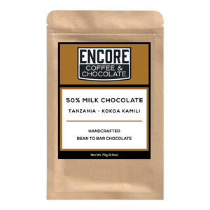 Encore Coffee & Chocolate label for 50% milk chocolate bar made with single origin cacao from Kokoa Kamili, Tanzania, handcrafted bean to bar.