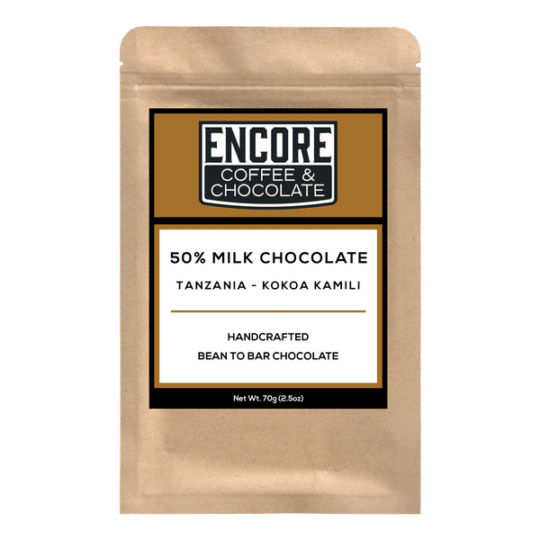 Encore Coffee & Chocolate label for 50% milk chocolate bar made with single origin cacao from Kokoa Kamili, Tanzania, handcrafted bean to bar.