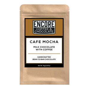 Encore Coffee & Chocolate label for Café Mocha, a handcrafted milk chocolate bar made with coffee, weighing 70g (2.47oz).