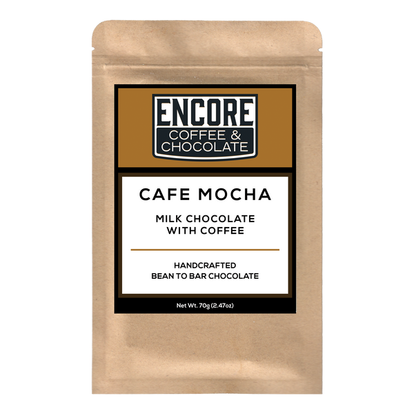 Encore Coffee & Chocolate label for Café Mocha, a handcrafted milk chocolate bar made with coffee, weighing 70g (2.47oz).