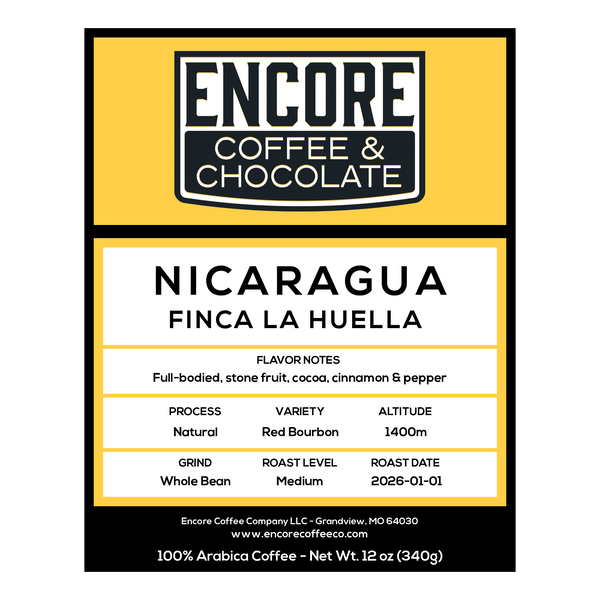 Encore Coffee & Chocolate Nicaragua Finca La Huella coffee label with details on a white background.