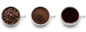 Three white coffee cups showing the coffee process from whole beans to ground coffee to brewed coffee on a white background
