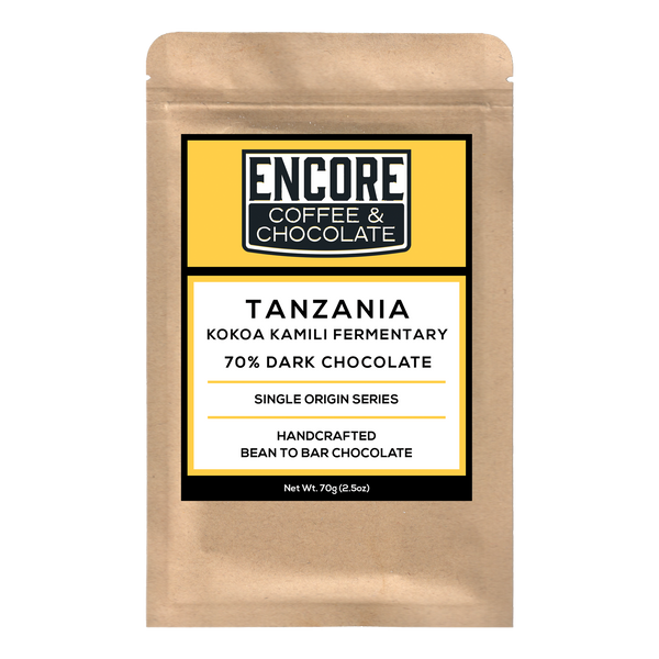 Encore Coffee & Chocolate label for 70% dark chocolate bar made with single origin cacao from Kokoa Kamili Fermentary, Tanzania.