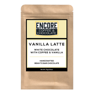 Encore Coffee & Chocolate Vanilla Latte bar label on kraft packaging, featuring white chocolate with coffee and vanilla, handcrafted bean to bar.