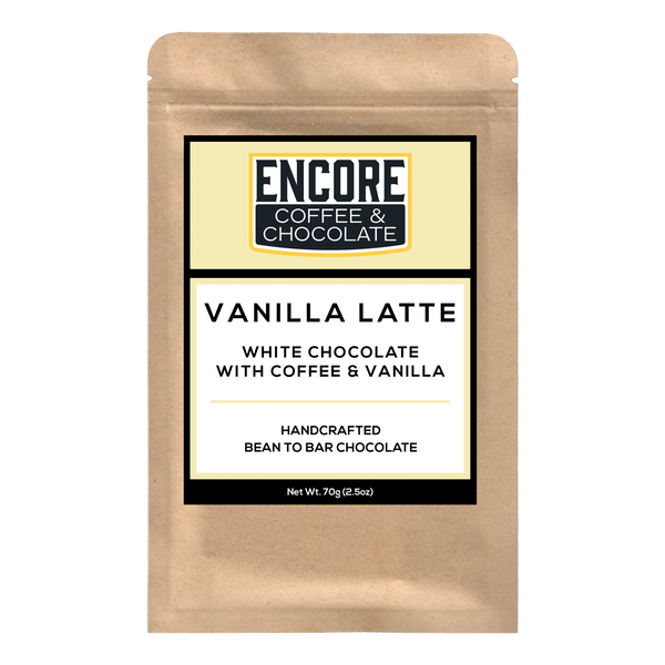 Encore Coffee & Chocolate Vanilla Latte bar label on kraft packaging, featuring white chocolate with coffee and vanilla, handcrafted bean to bar.
