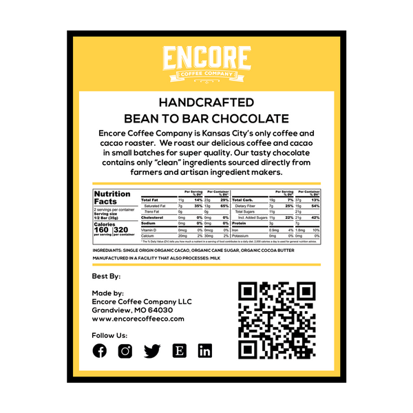 Image of the back label of Encore Coffee's 70% Dark Madagascar chocolate bar. The label lists the ingredients as Bejofo Estate organic cacao, organic cane sugar from Brazil's Native Green Cane Project, and organic cocoa butter. The Encore Coffee logo and contact information are also visible, along with a QR code that can be scanned for product details.
