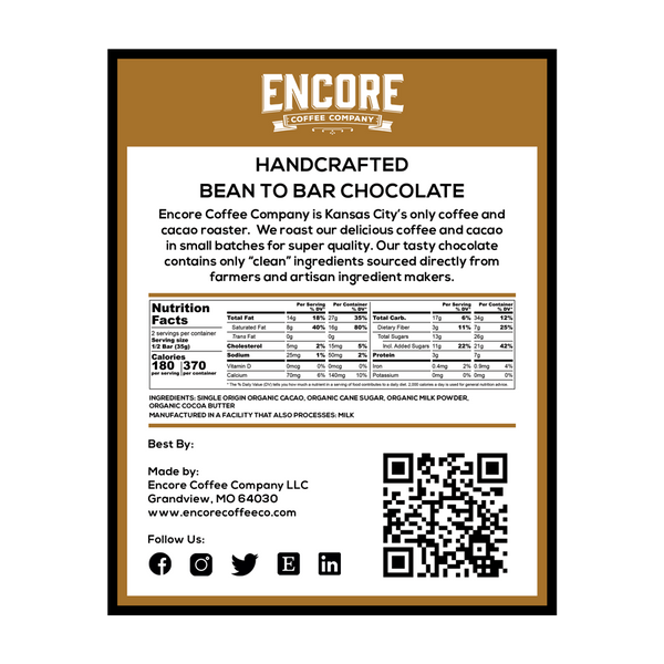 An image of the back of a Milk Chocolate bar from Encore Coffee Company. The packaging is a light brown paper wrapper with the product name and company logo displayed at the top. The ingredients list and nutritional information are printed in black on the lower half of the wrapper. The packaging also includes company information and a QR code that can be scanned to view the product online.