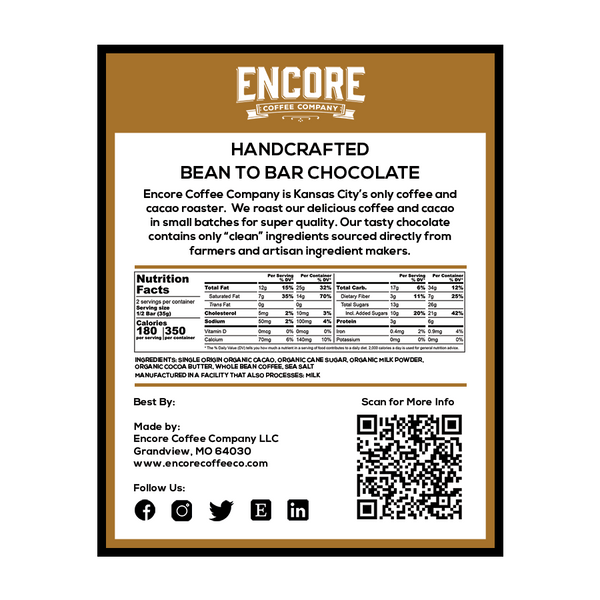 On the back label of this chocolate bar, you'll find the Encore logo displayed on a rich brown background. Beneath the logo, you'll see a description of the bar which reads 'Mocha Milk Chocolate'. The label also includes important nutrition information to help you make informed choices about what you eat. To learn more about this delectable treat, scan the QR code provided.