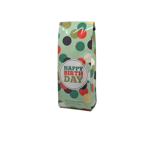 Front View of Bag - Happy Birthday. Our coffee gift is freshly roasted in small batches.