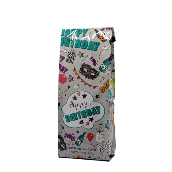 Front View of Bag - Happy Birthday - Party. Our coffee gift is freshly roasted in small batches.