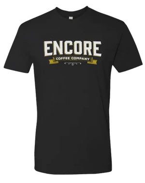 Image consist of black t-shirt with Encore Logo in white/ and yellow