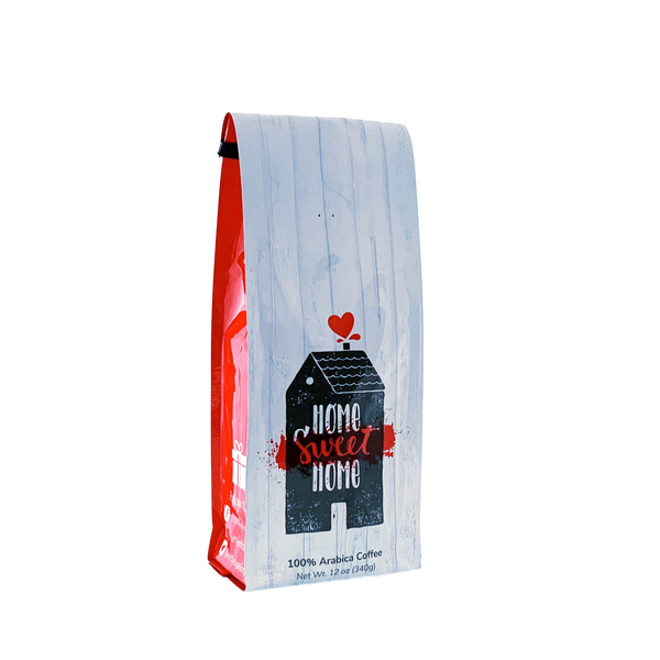 Side View of Bag – Home Sweet Home. Our coffee gift is freshly roasted in small batches.
