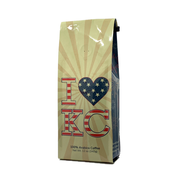 Front View of Bag – I Love KC Patriotic. Our coffee gift is freshly roasted in small batches.