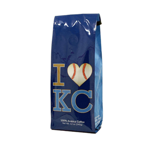 Front View of Bag – I Love KC Baseball. Our coffee gift is freshly roasted in small batches.