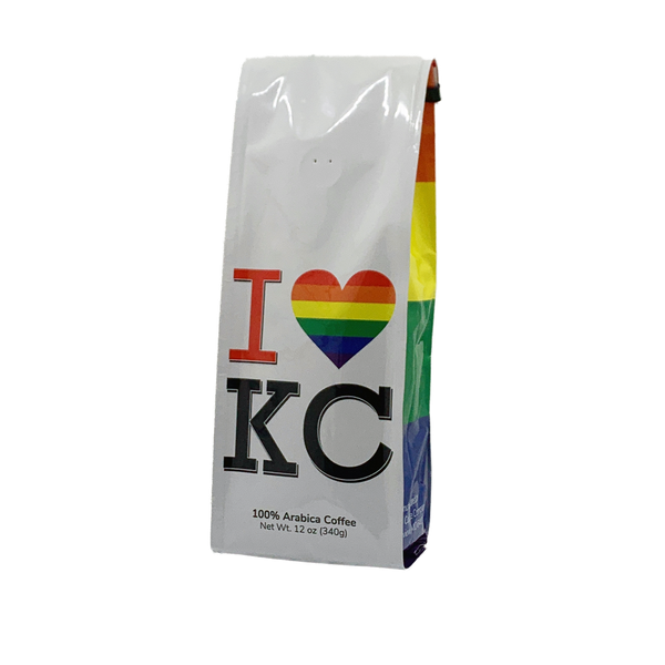 Front View of Bag – I Love KC Pride. Our coffee gift is freshly roasted in small batches.