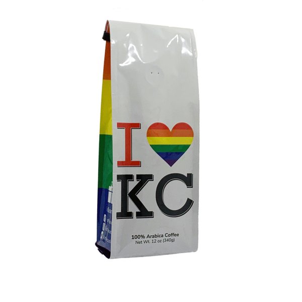 Side View of Bag – I Love KC Pride. Our coffee gift is freshly roasted in small batches.