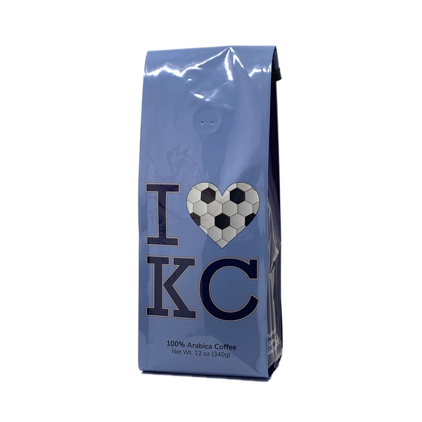 Front View of Bag – I Love KC Soccer. Our coffee gift is freshly roasted in small batches.