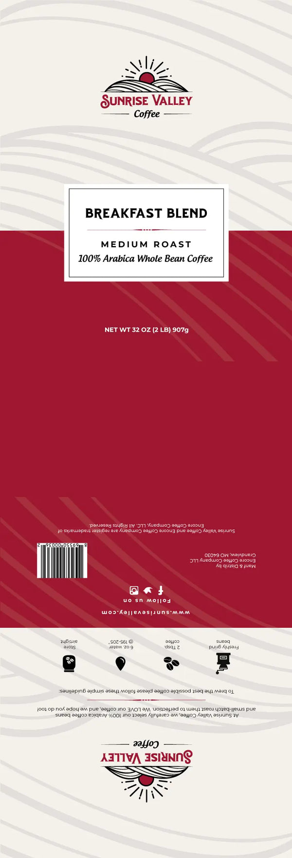 Sunrise Valley Coffee - Breakfast Blend - 2 Pack x 2 lbs Each - Whole Bean - Encore Coffee Company