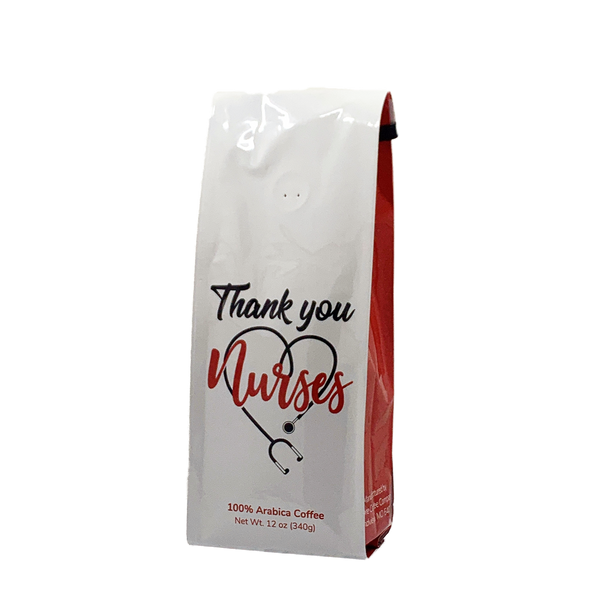 Front View of Bag - Thank You Nurses. Our coffee gift is freshly roasted in small batches.
