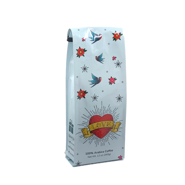 Side View of Bag – Love Tattoo. Our coffee gift is freshly roasted in small batches.