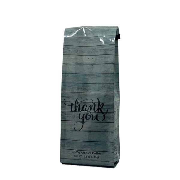 Front View of Bag - Thank You - Barn wood. Our coffee gift is freshly roasted in small batches.