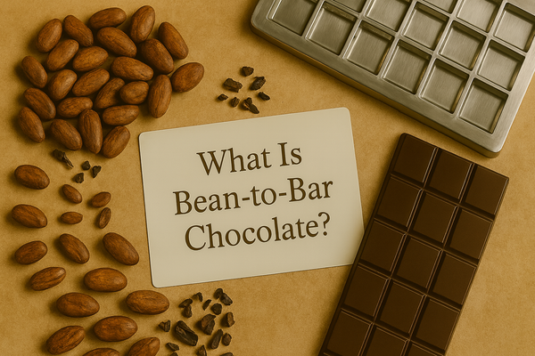 Cacao beans, nibs, chocolate mold, and finished chocolate bar arranged around a card reading “What Is Bean-to-Bar Chocolate?” on a warm-toned background.