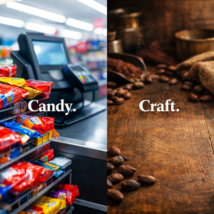 Split image comparing mass-market candy checkout under harsh fluorescent lighting with colorful wrappers on the left, and warm artisan cacao workspace with wooden table and scattered cacao beans on the right