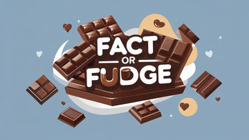 Chocolate bar with “Fact or Fudge” text, surrounded by heart-shaped chocolates, clouds, and stars on a blue background.