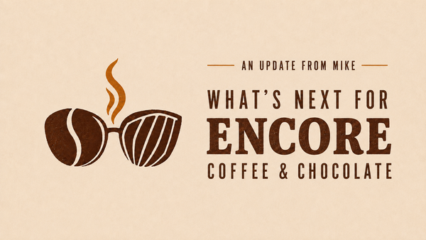 An Update from Mike: What’s Next for Encore Coffee & Chocolate, with coffee bean and cacao pod glasses and rising steam.