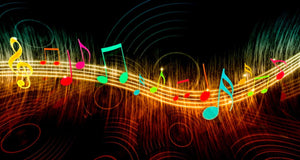 Illustration of neon colored musical notes on music staff