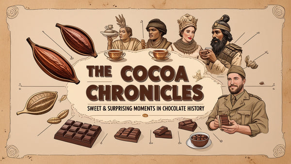 Illustration of “The Cocoa Chronicles” with historical figures, chocolate bars, cacao pods, and cups of cocoa on a vintage-style background.