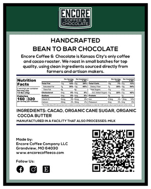 Encore Coffee & Chocolate bean-to-bar chocolate back label showing nutrition facts, ingredients, QR code, and handcrafted chocolate brand details.