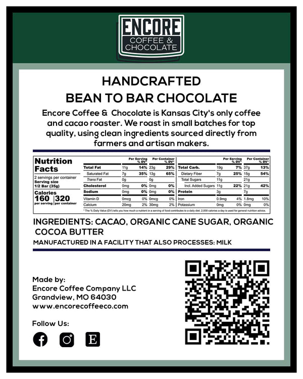 Encore Coffee & Chocolate bean-to-bar chocolate back label showing nutrition facts, ingredients, QR code, and handcrafted chocolate brand details.