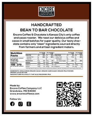 Encore Coffee & Chocolate bean-to-bar chocolate back label showing nutrition facts, ingredients, QR code, and manufacturer details.