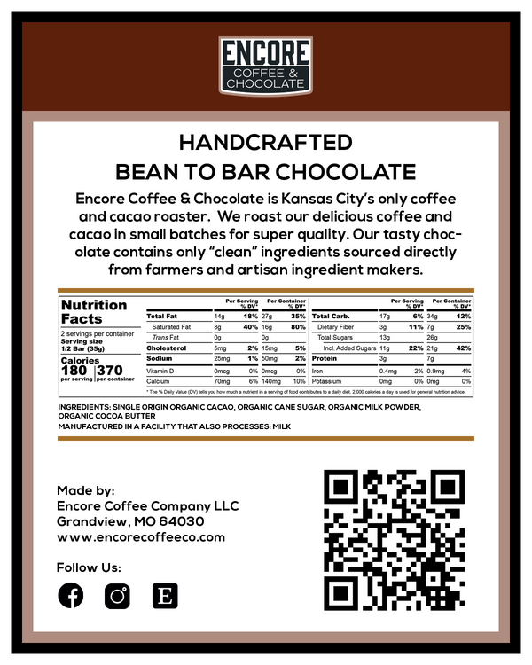 Encore Coffee & Chocolate bean-to-bar chocolate back label showing nutrition facts, ingredients, QR code, and manufacturer details.