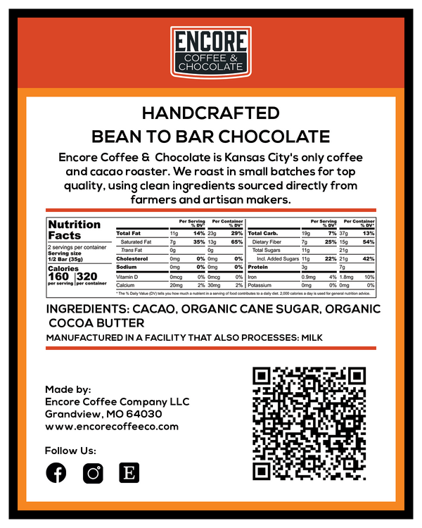 Encore Coffee & Chocolate bean-to-bar chocolate back label showing nutrition facts, ingredients, QR code, and manufacturer details.