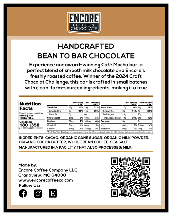 Encore Coffee & Chocolate Café Mocha chocolate bar back label showing nutrition facts, ingredients, QR code, and manufacturer details.