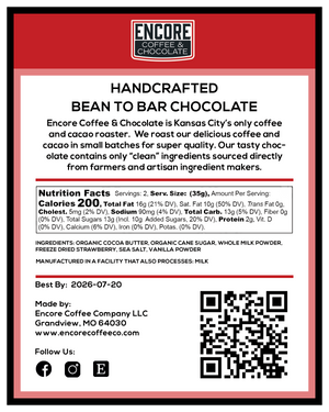Label for Encore Coffee & Chocolate handcrafted bean to bar chocolate with nutritional information and branding.